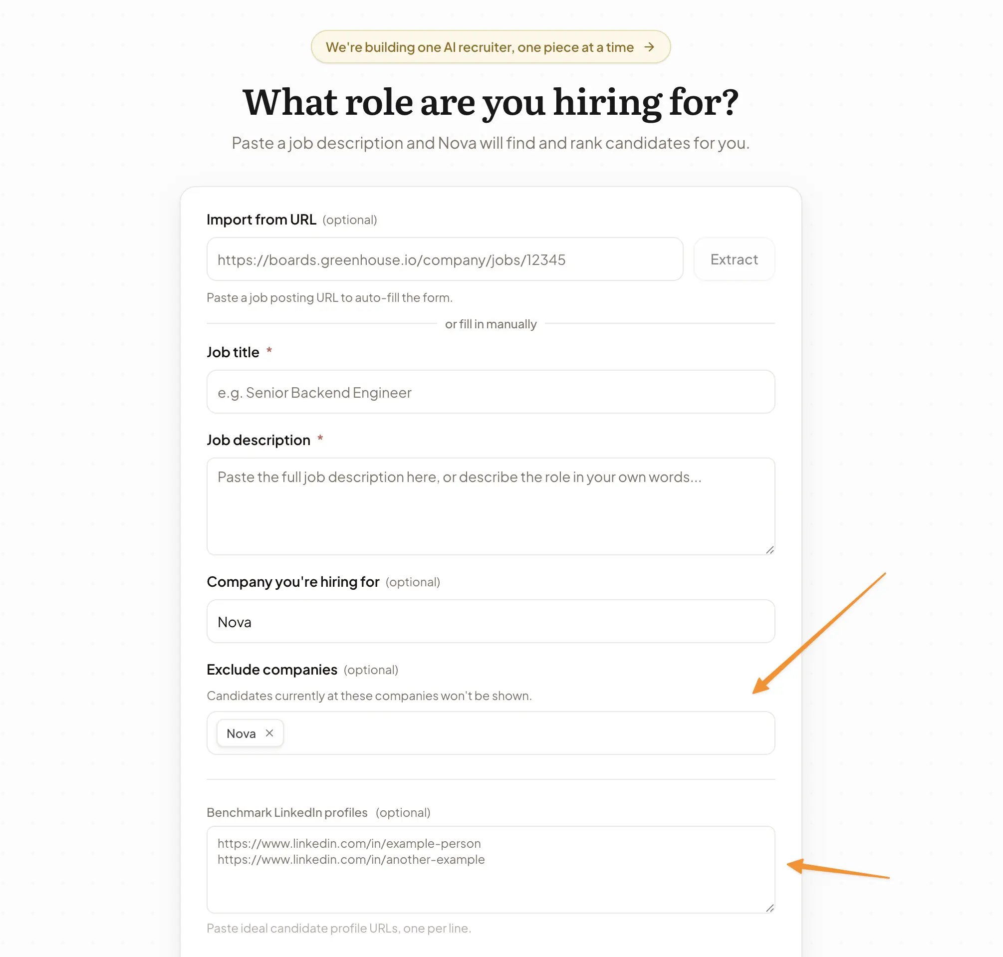 Talent Search setup form with the Exclude companies field and the Benchmark LinkedIn profiles field highlighted