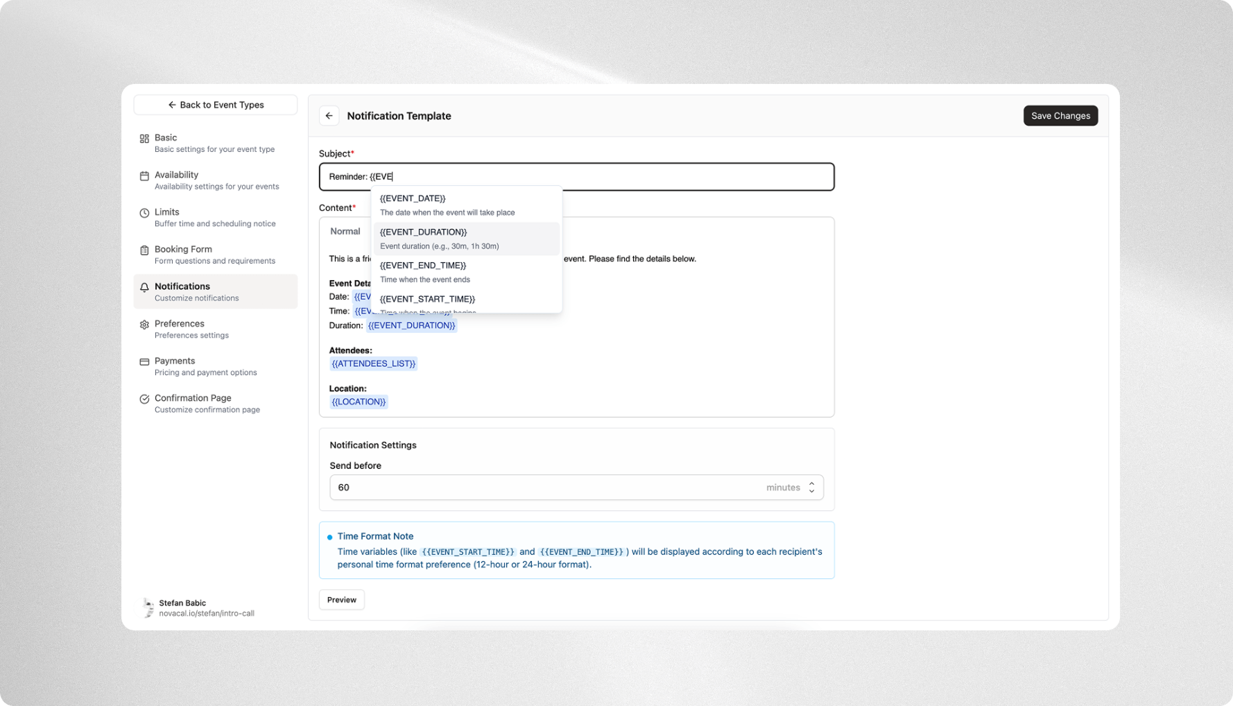 Novacal customize notifications