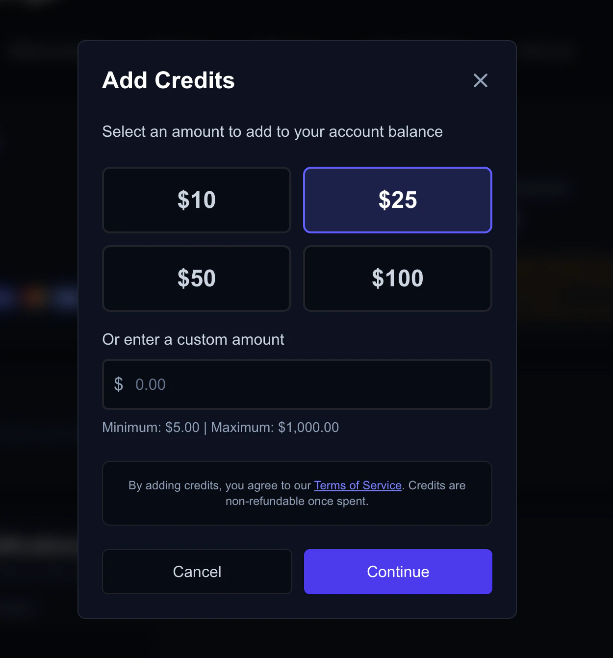 Add Credits window showing amount selection and payment options