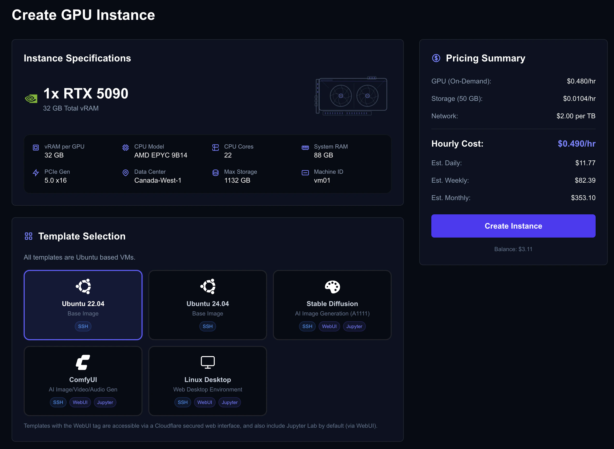 Create instance page showing configuration options and cost estimate