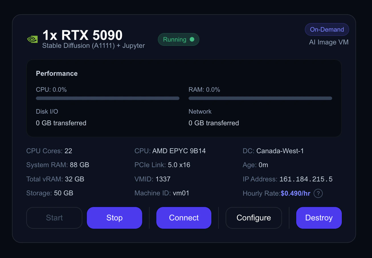 Running instance card with Connect button highlighted
