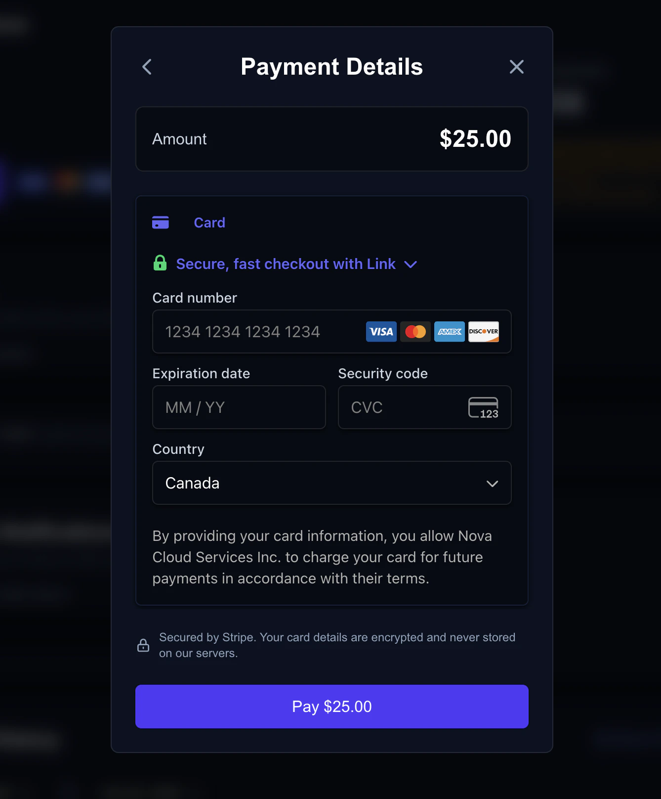Add Credits window showing preset amounts and card payment form