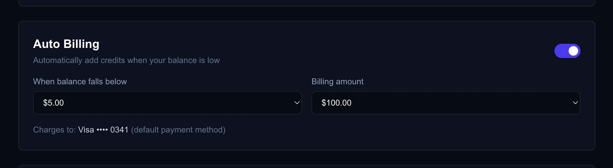 Auto Billing configuration showing threshold and amount dropdowns