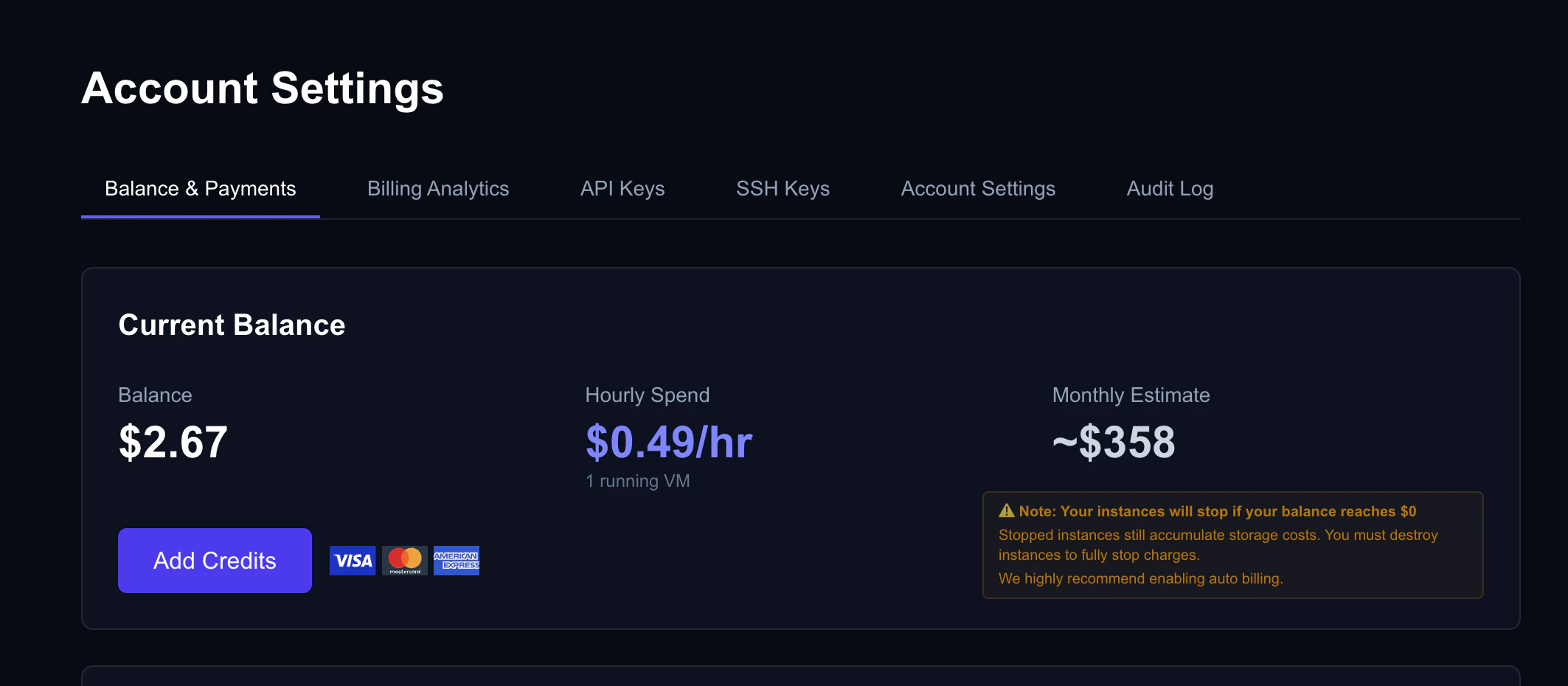 Billing dashboard with balance, spend rate, and recent transactions