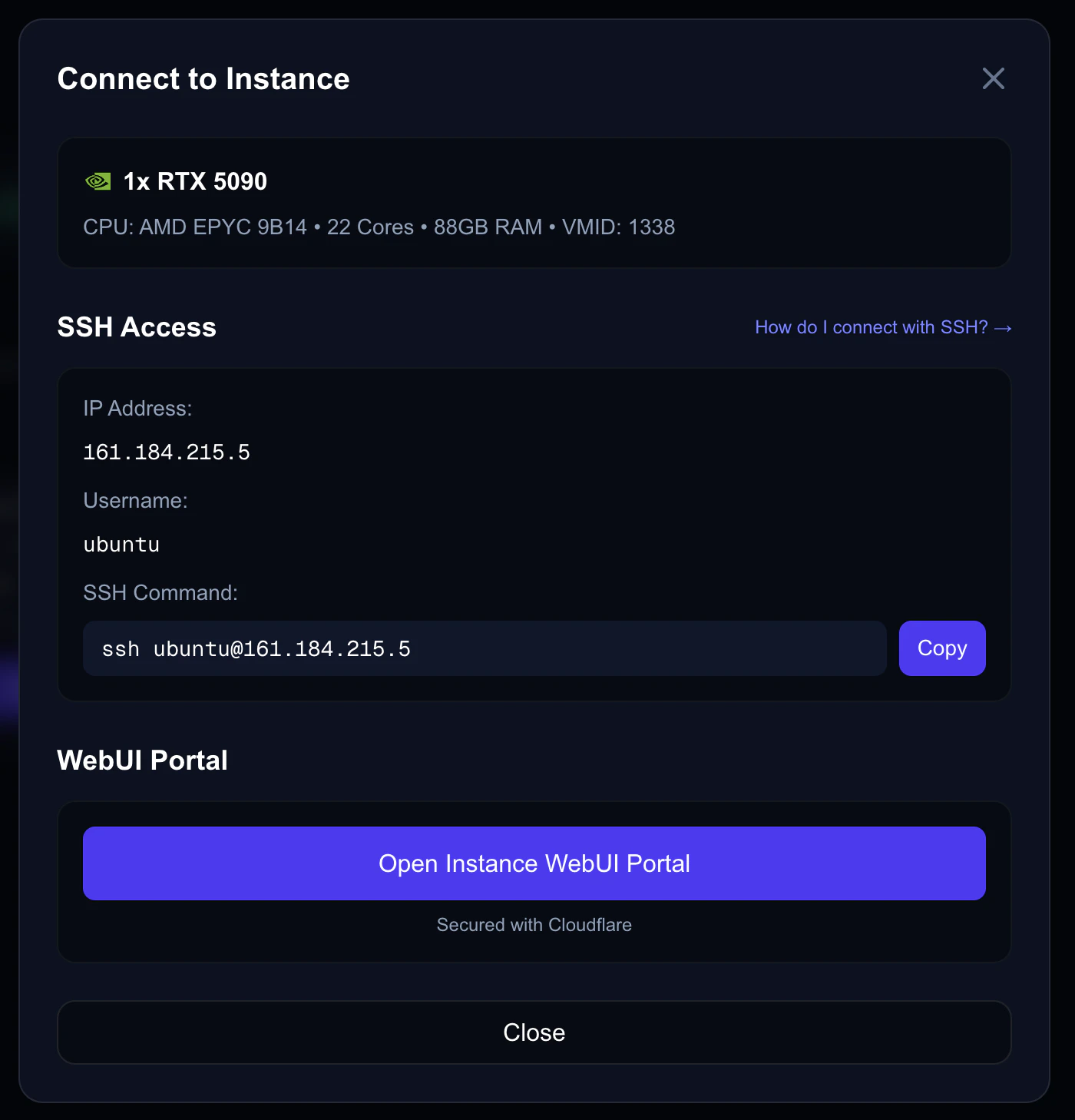 Connection details with SSH and WebUI information