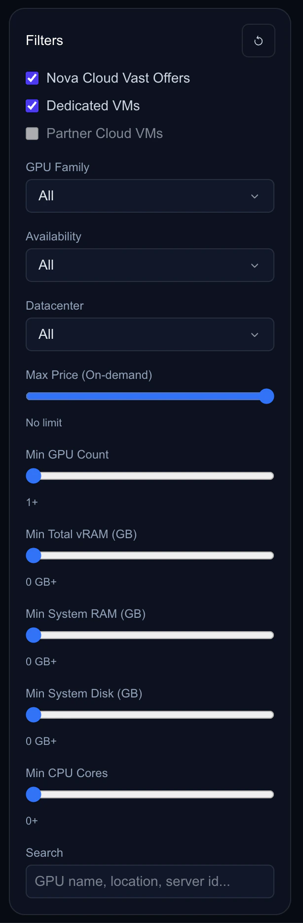 Marketplace filter panel