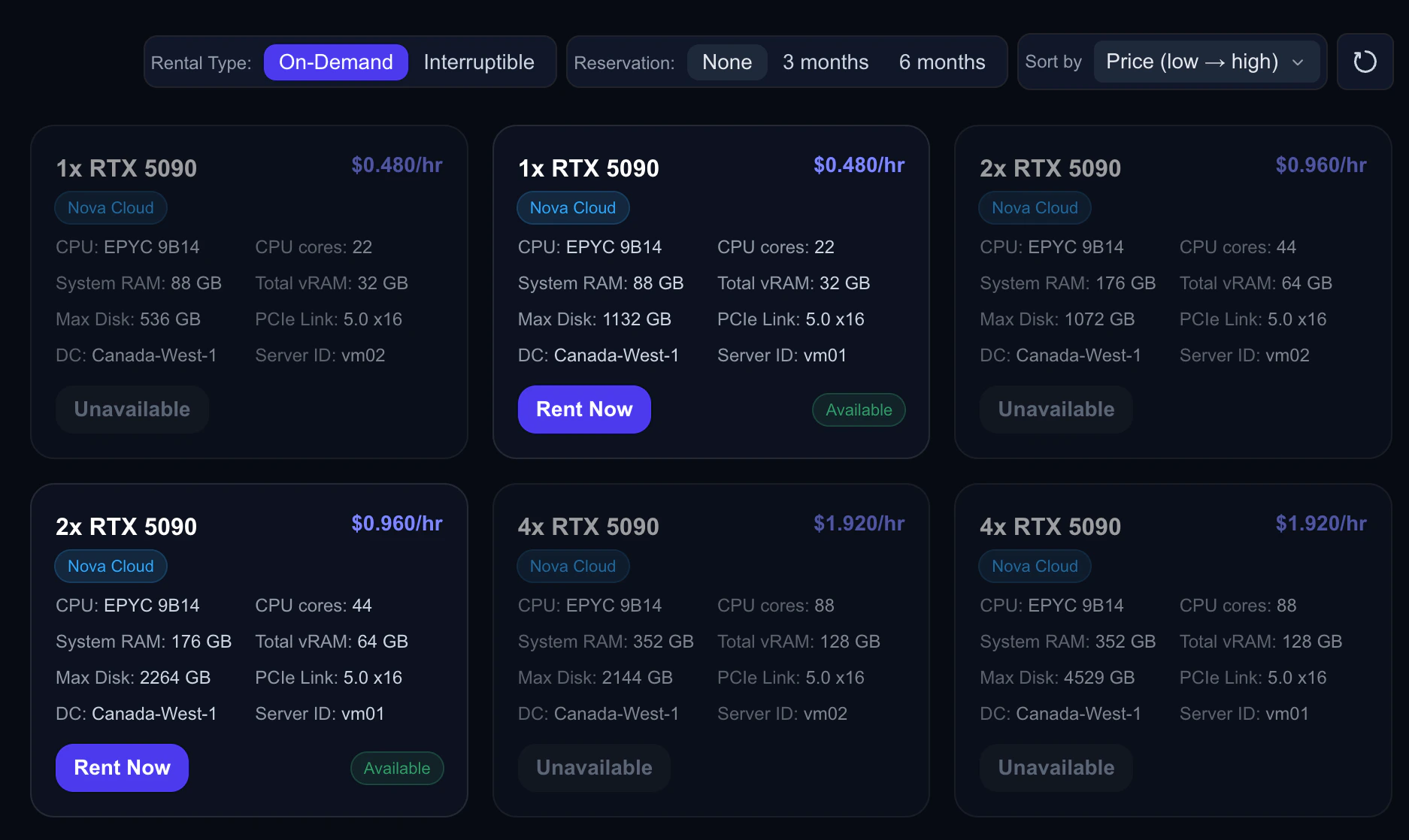 Marketplace view filtered by On-Demand rental type