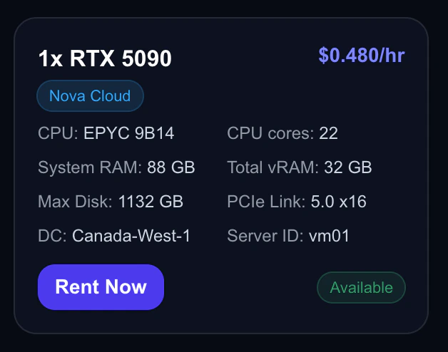 GPU offer card showing specs and pricing