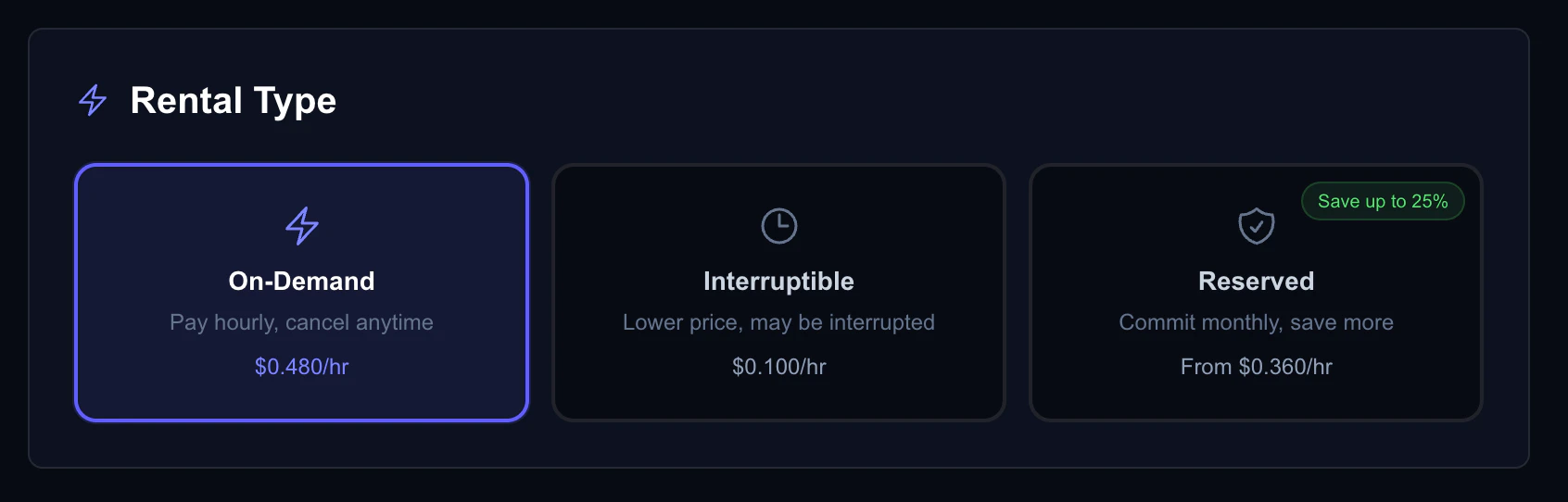 Rental type selector showing On-Demand, Interruptible, and Reserved options