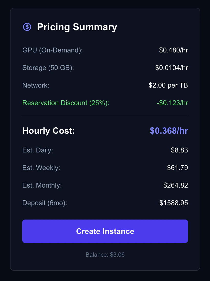 Reserved pricing showing discount tiers and deposit calculation
