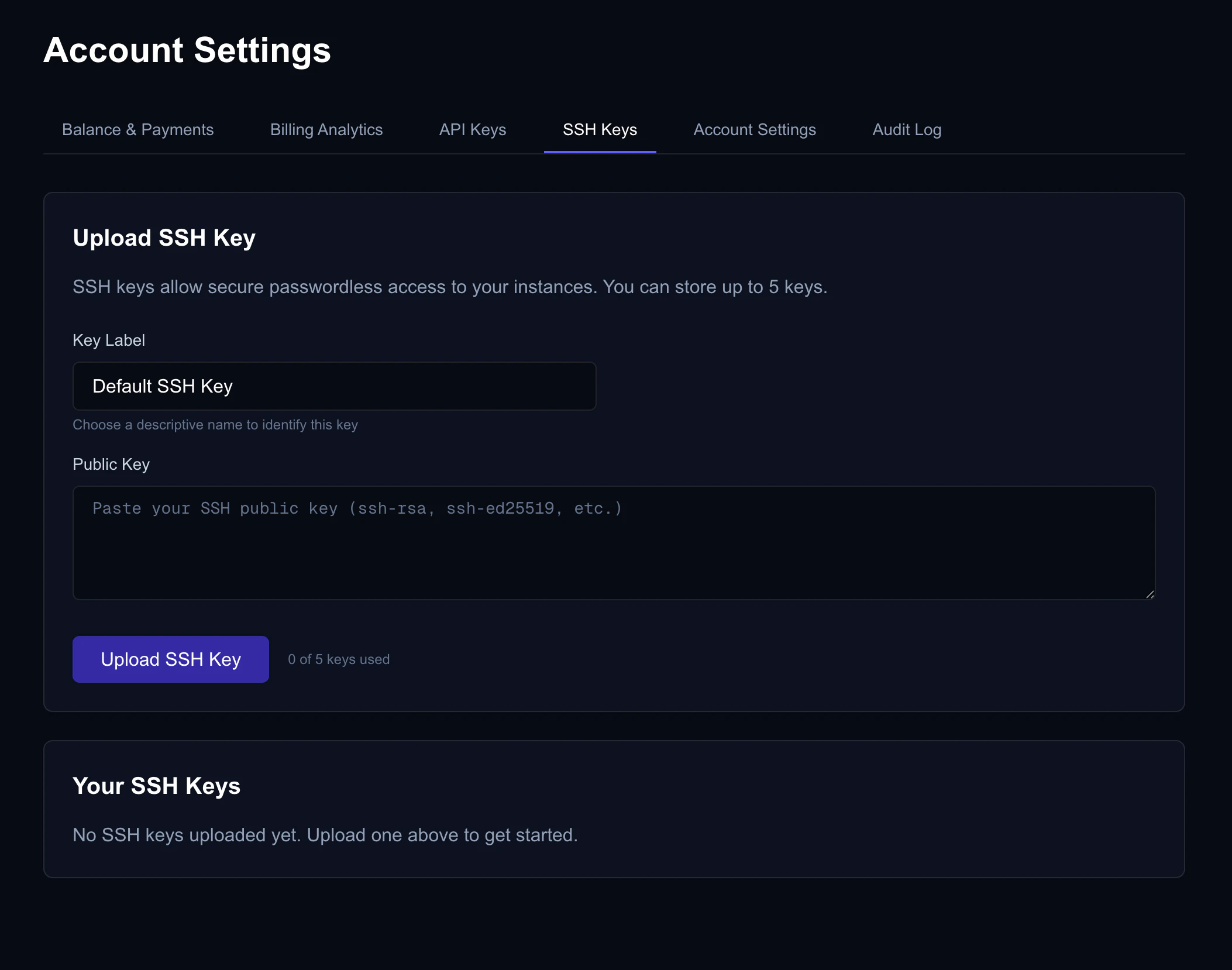 SSH key upload form with label and public key fields