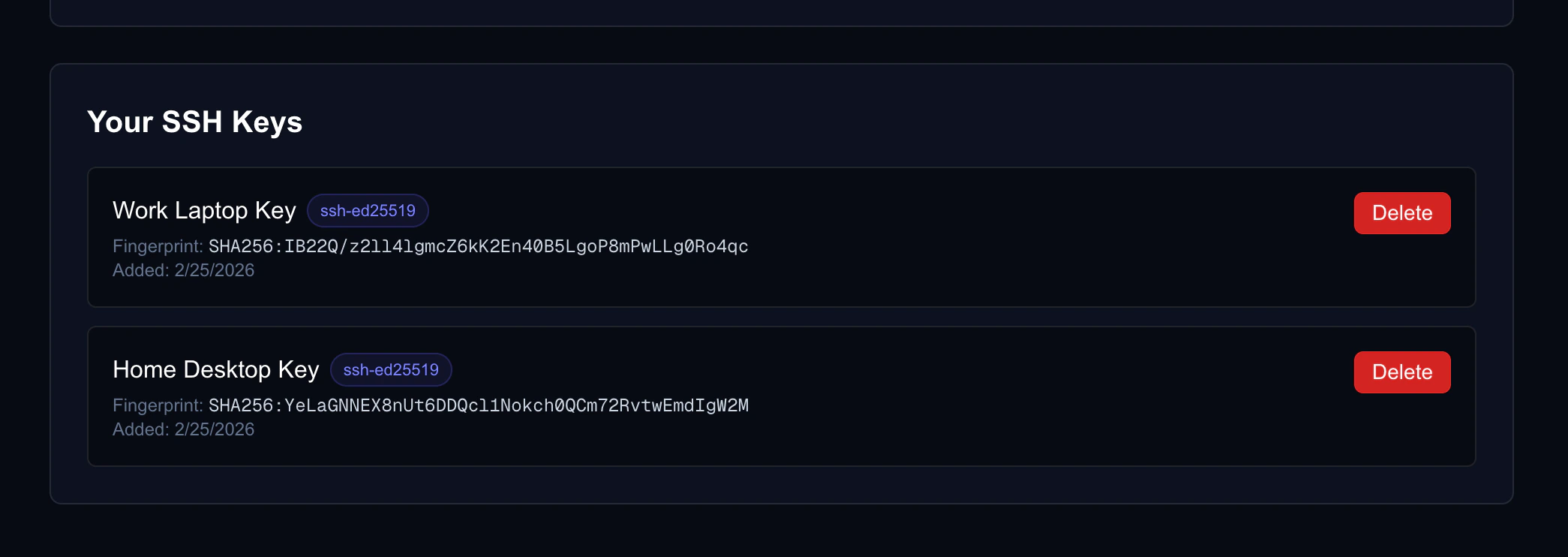 SSH Keys list showing key names, types, fingerprints, and dates
