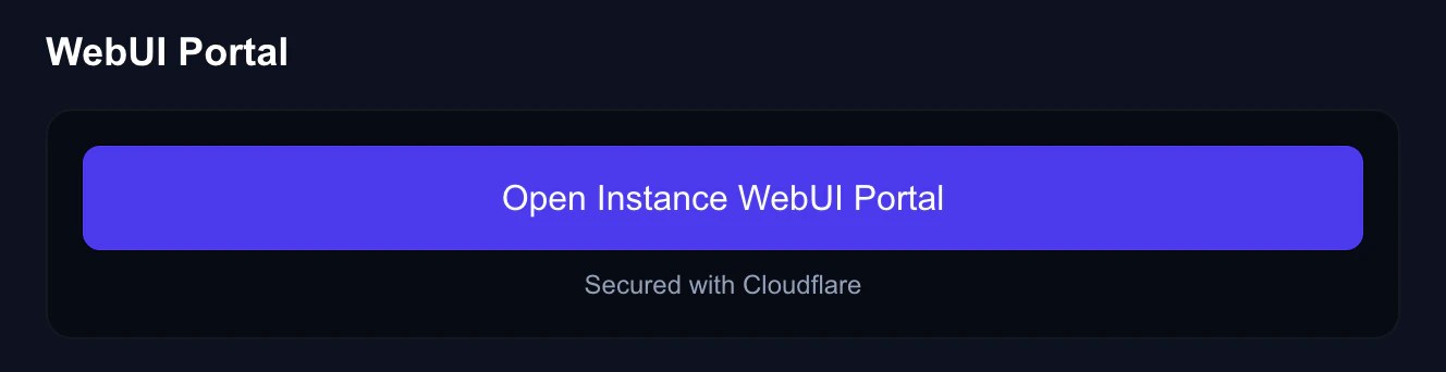 WebUI portal showing Ready status with Open button