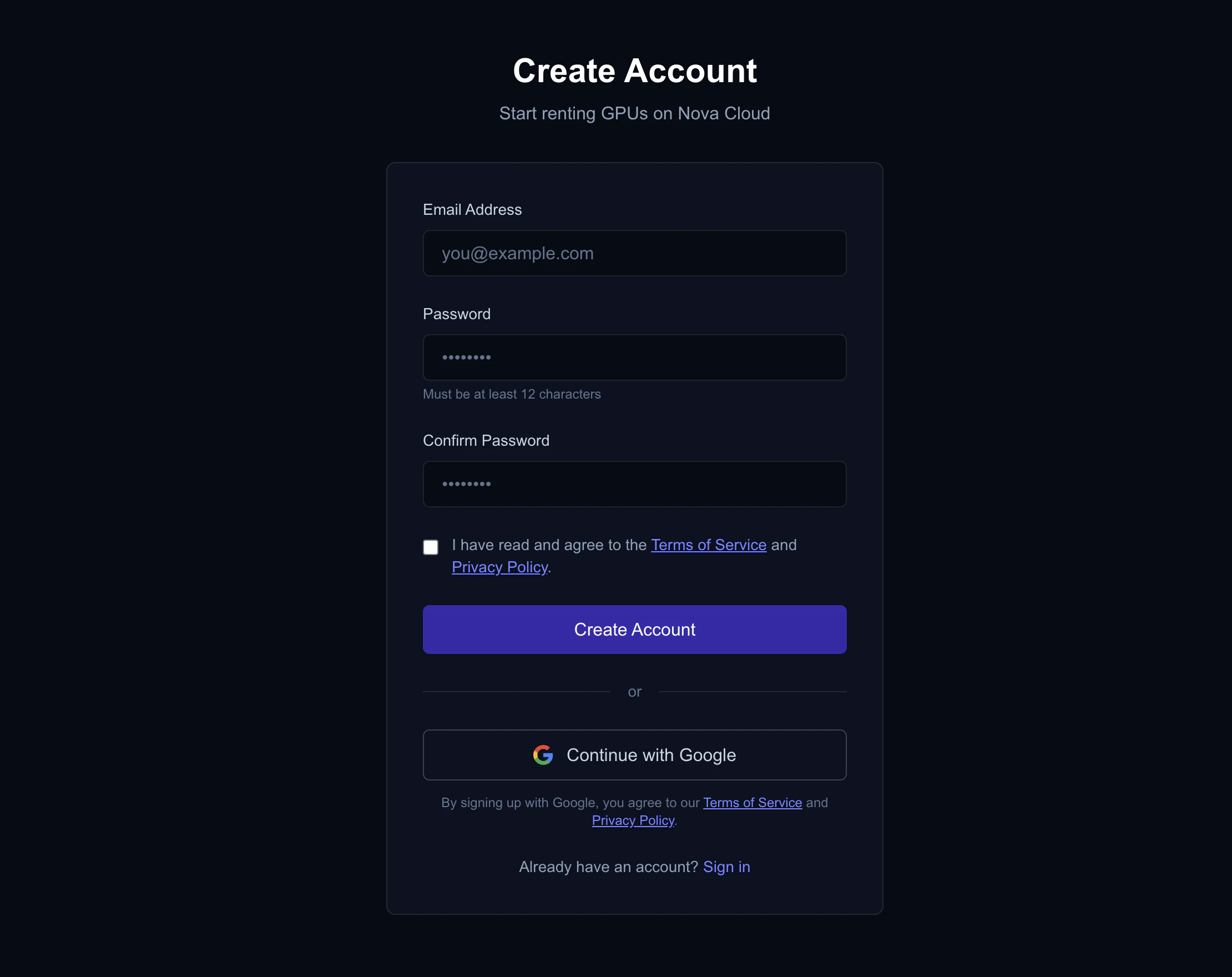 Nova Cloud signup page with email and Google sign-in options