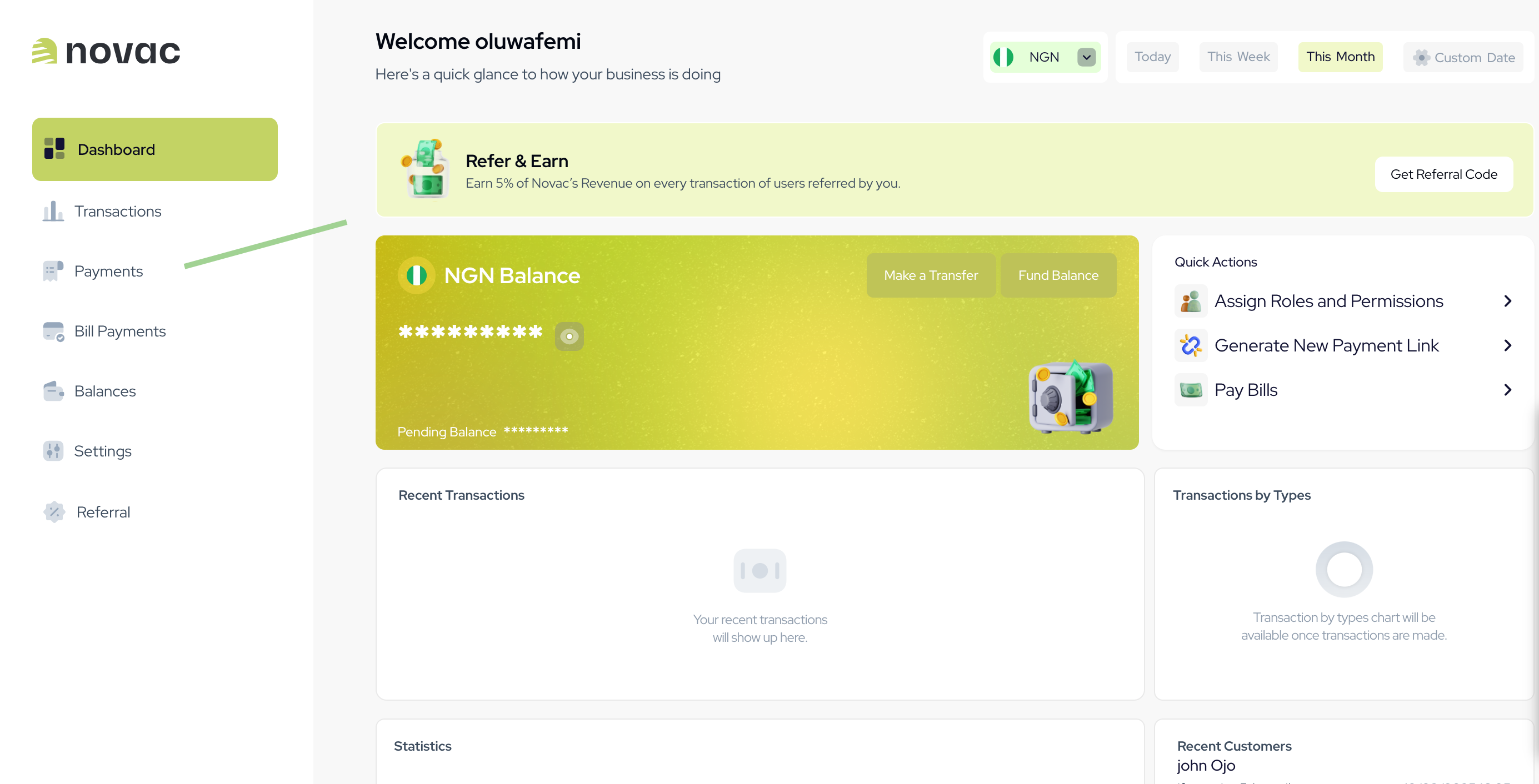 Navigate to Payment Links on Novac Dashboard