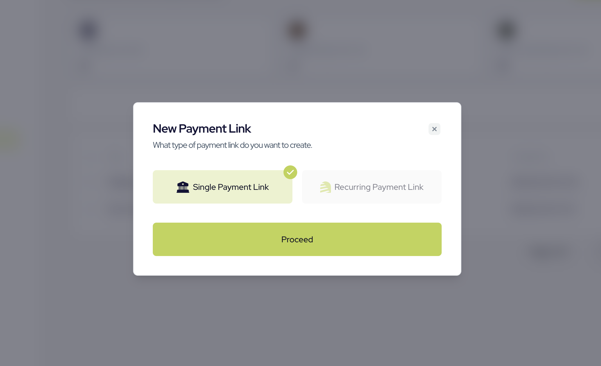 Select payment link type on Novac