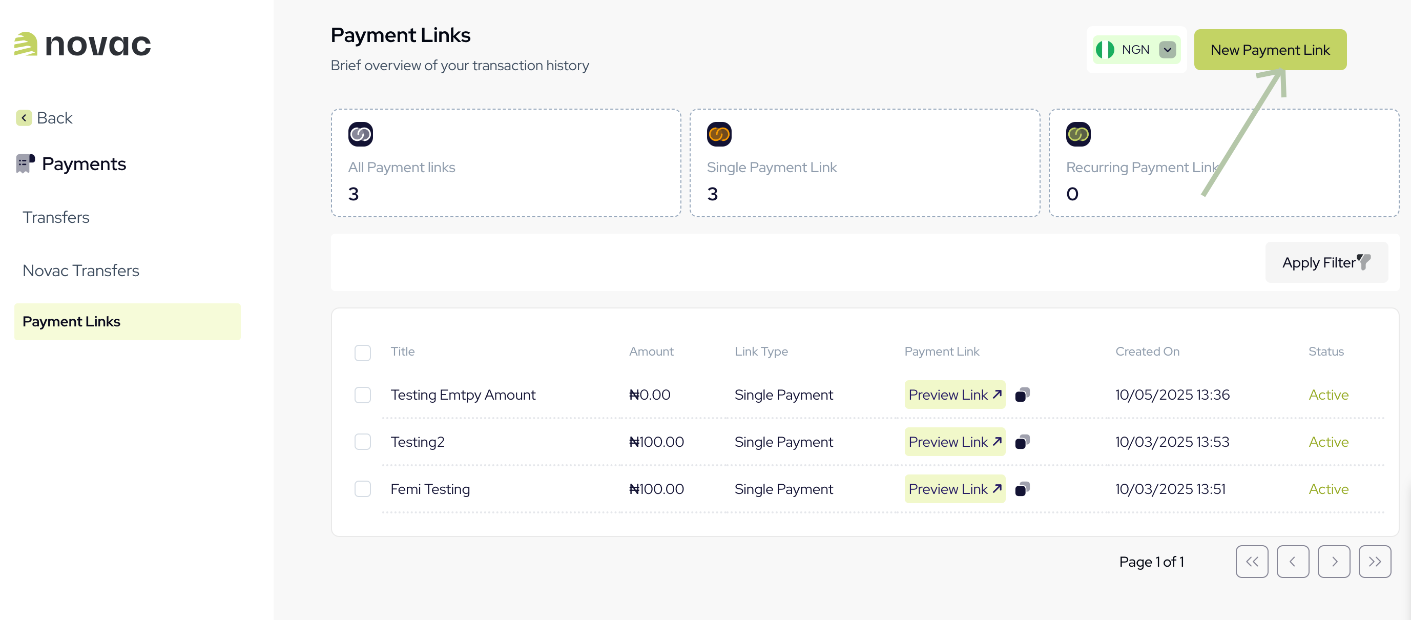 Create a new payment link on Novac