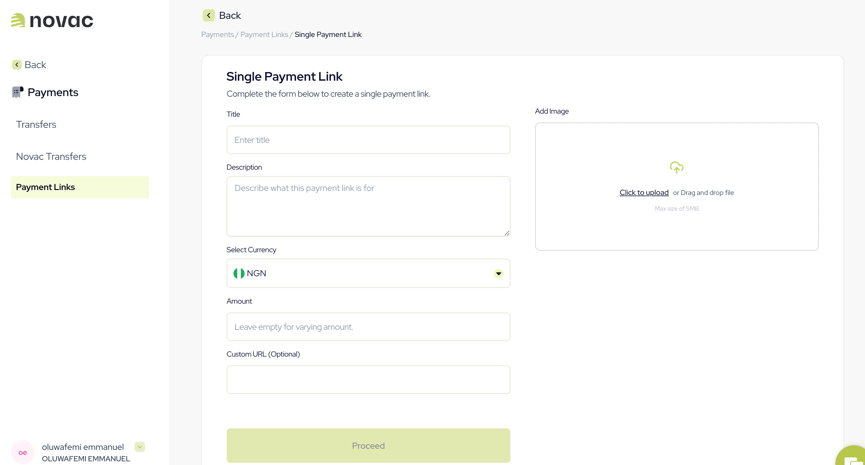 Fill payment link form on Novac