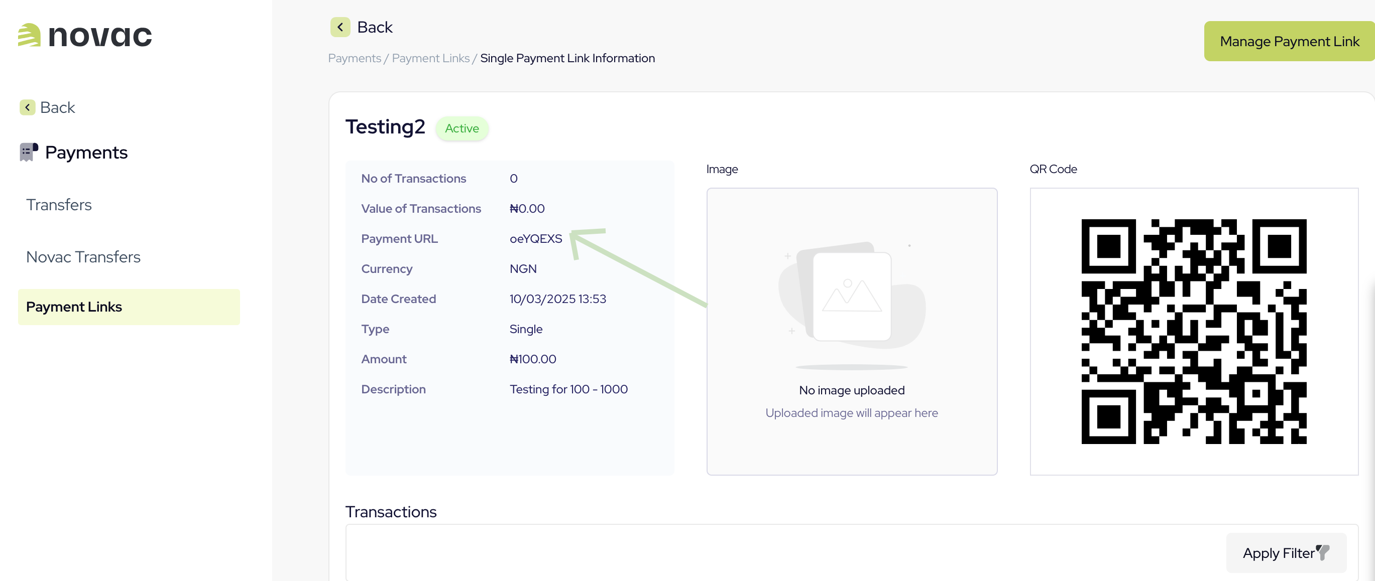 View payment link reference on Novac Dashboard