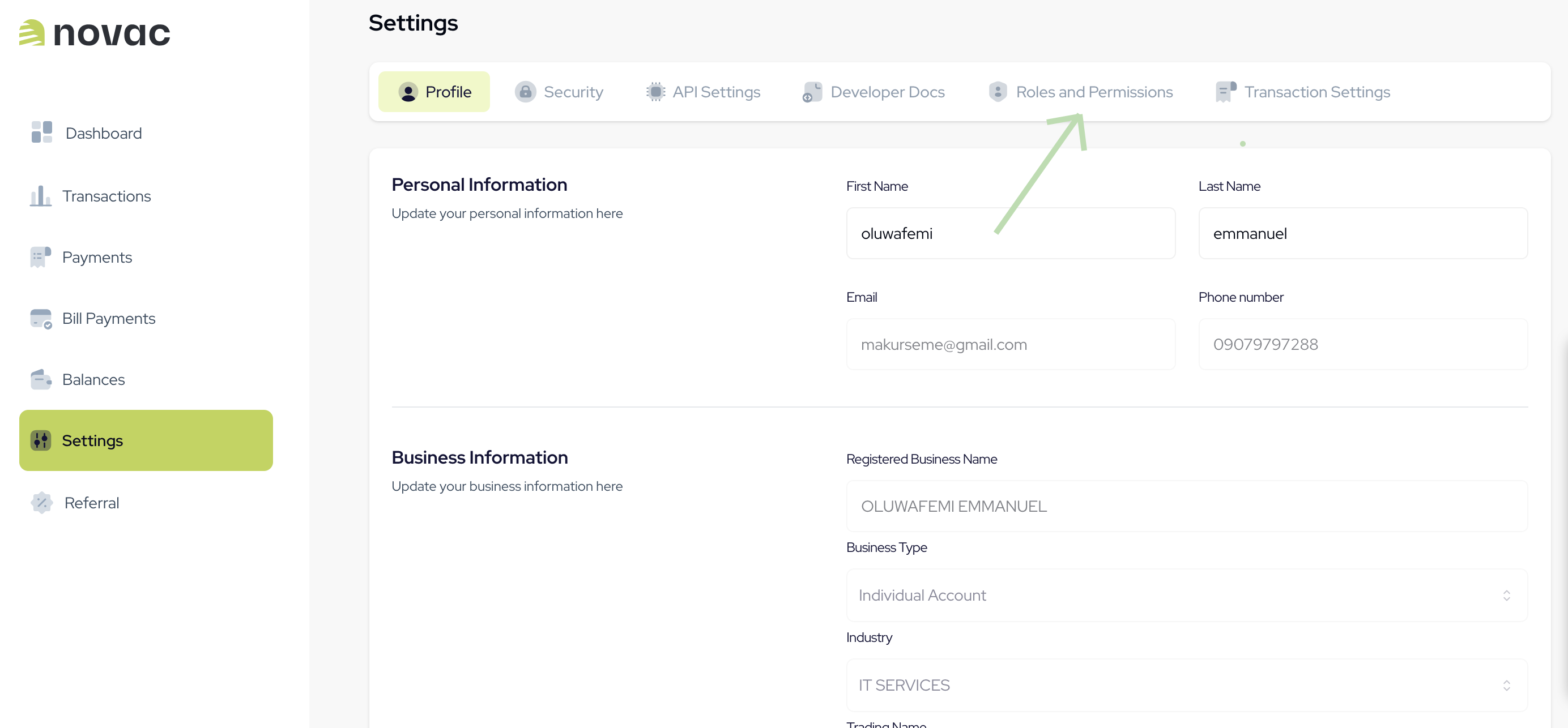 Navigate to Roles and Permissions on Novac Dashboard
