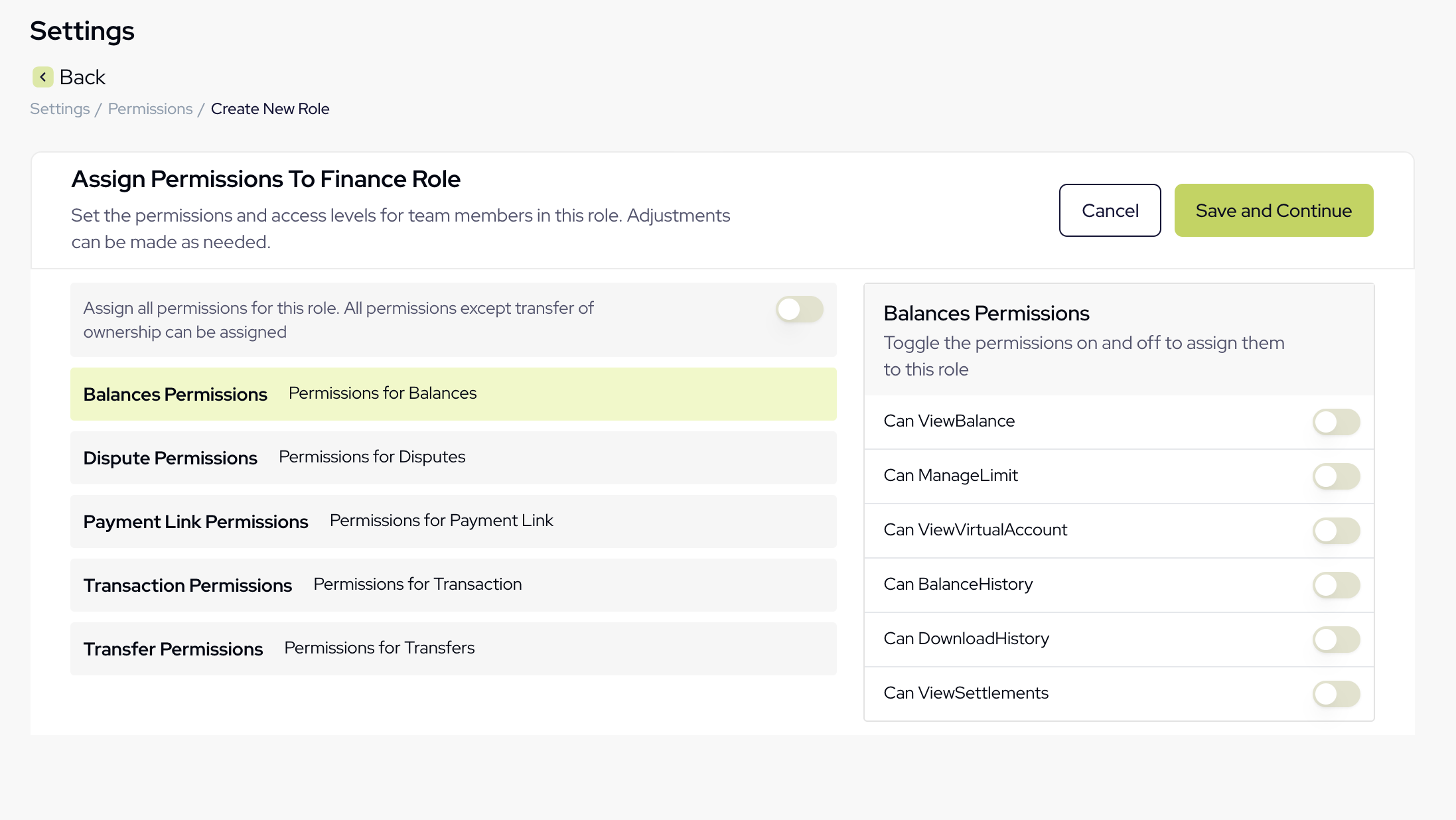 Select permissions for a new role on Novac Dashboard