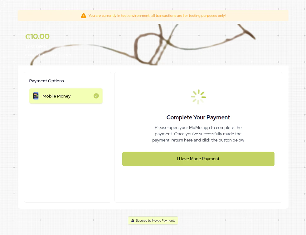 Novac checkout showing Complete Your Payment screen with I Have Made Payment button
