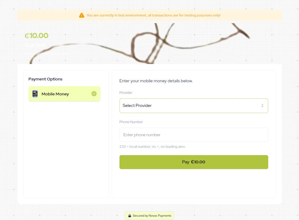 Novac hosted checkout showing mobile money provider selection and phone number entry