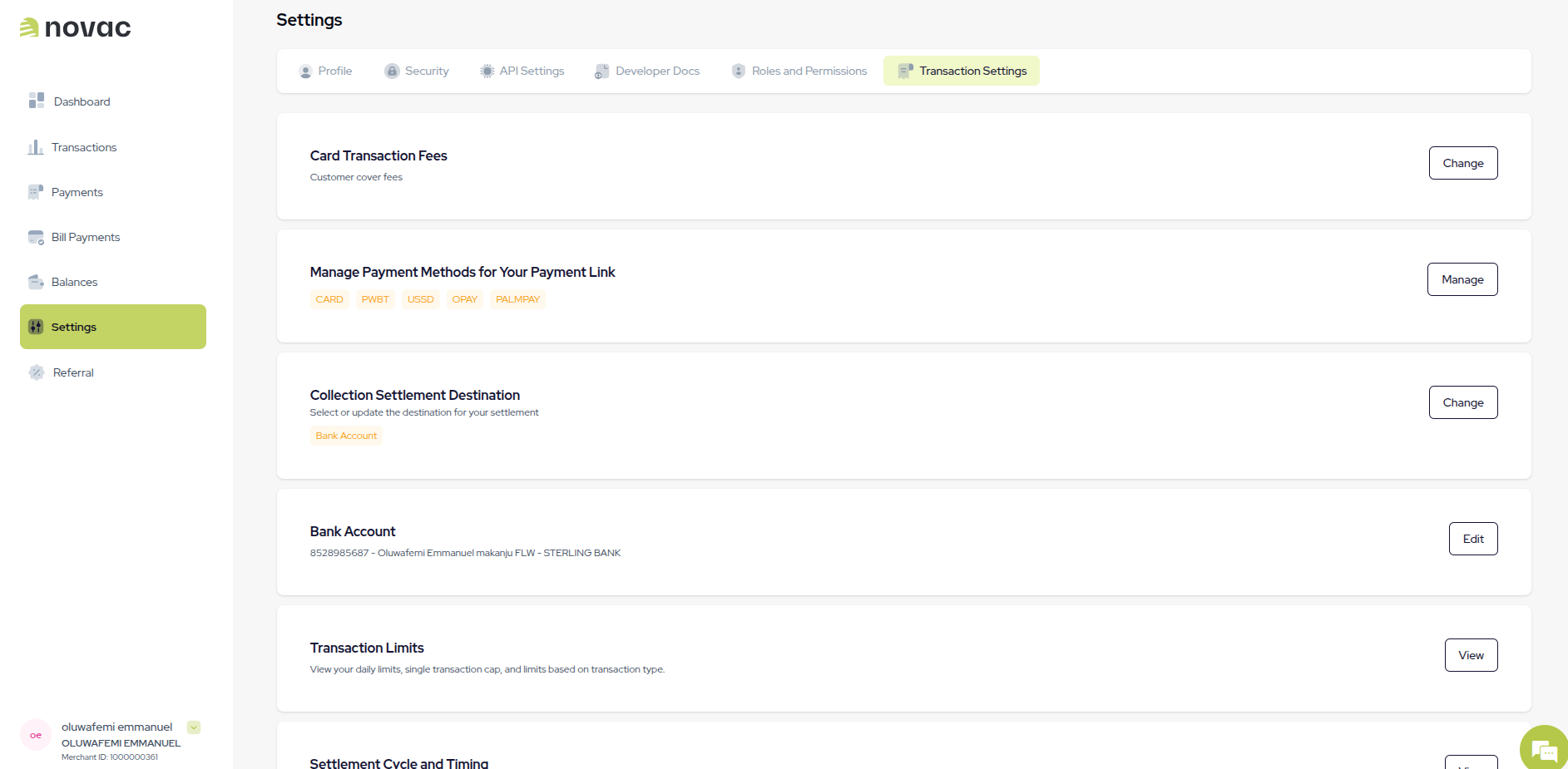 Novac merchant dashboard overview