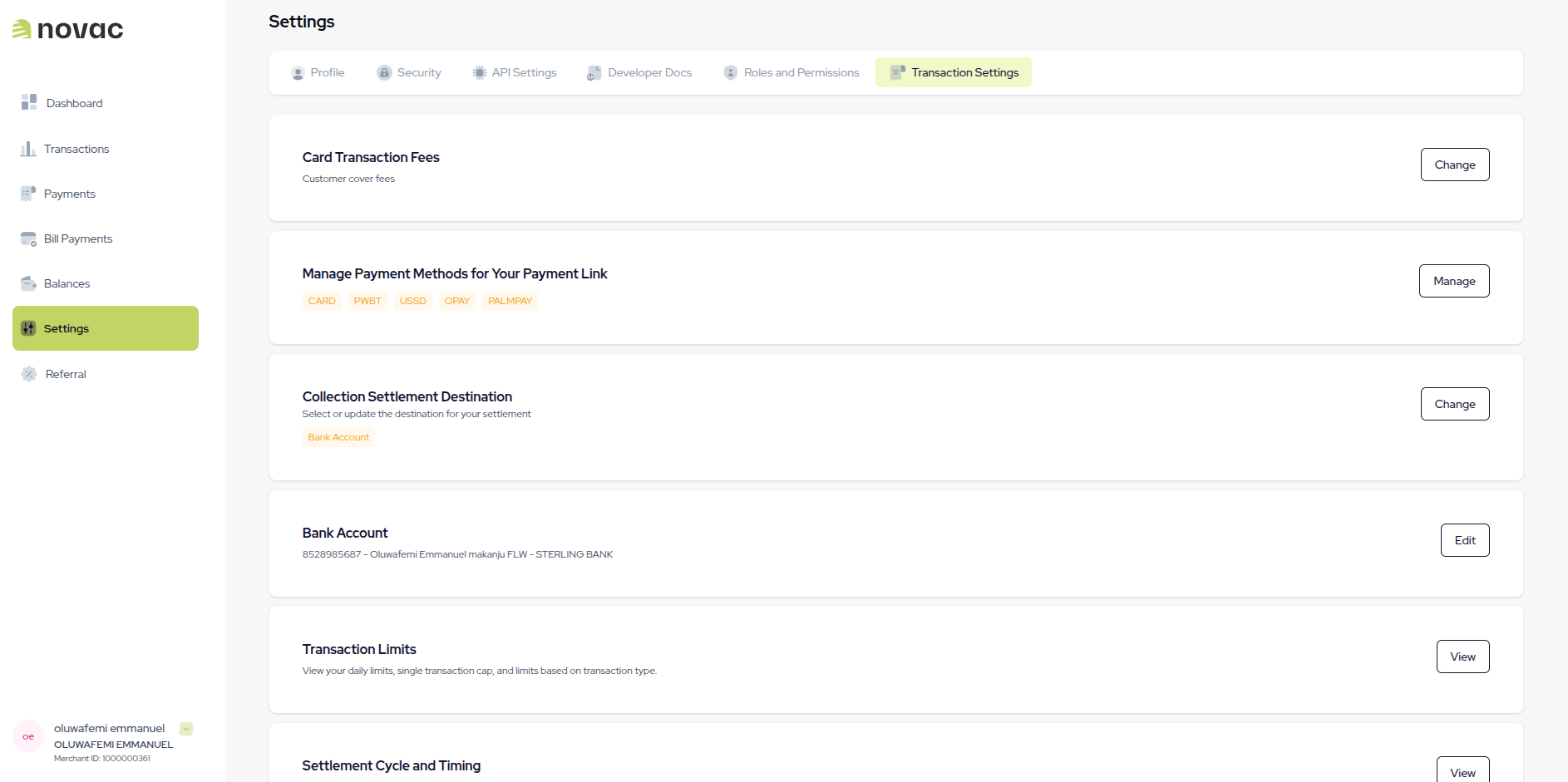 Novac merchant dashboard overview