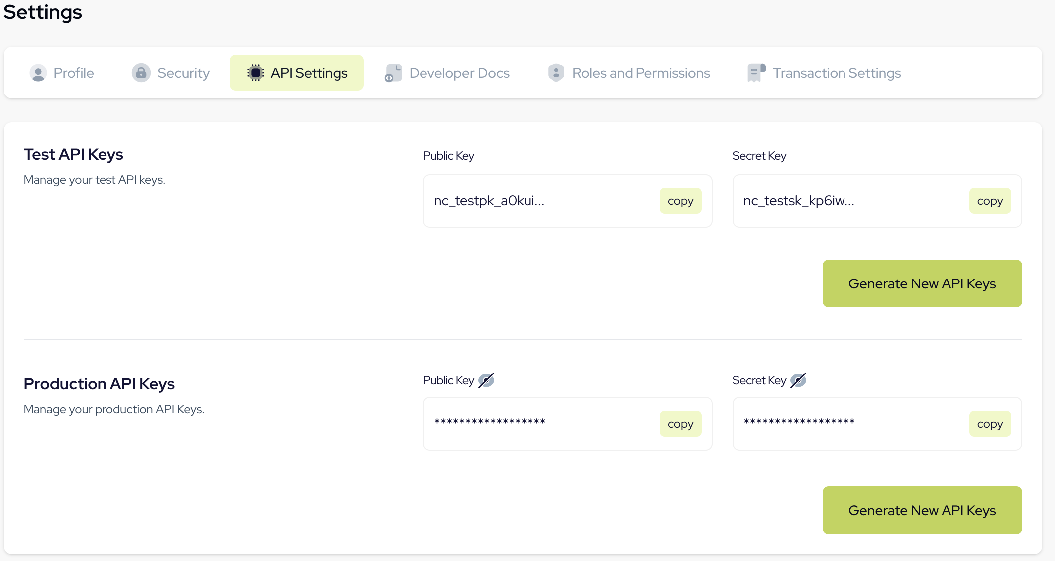 Novac dashboard API Settings tab showing Public and Secret API keys for Test and Live environments. The interface displays key values and options to regenerate keys. The environment is a clean dashboard layout with sidebar navigation. Text in the image includes API Settings, Public Key, Secret Key, Test, Live, and Regenerate.