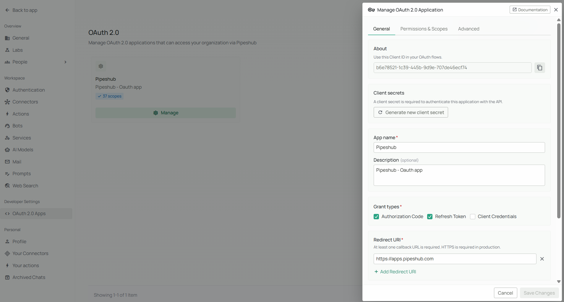 OAuth application detail view with configuration settings