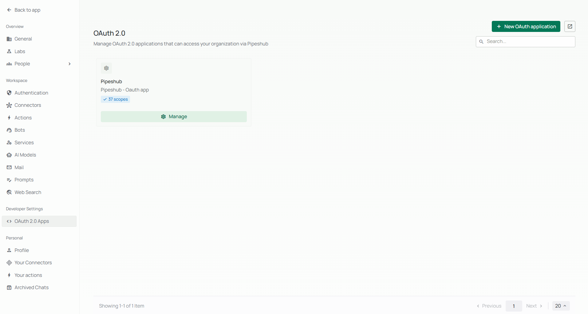 OAuth 2.0 Applications list page showing registered applications