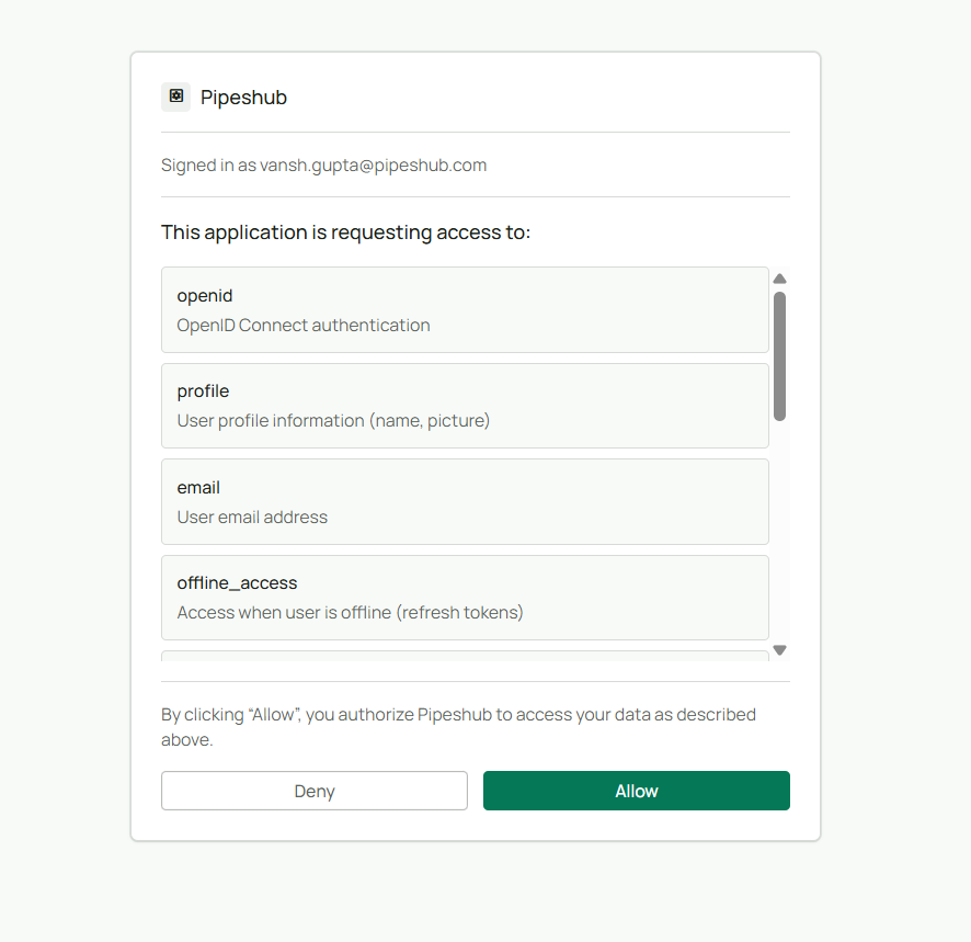 OAuth consent screen showing application details and requested permissions