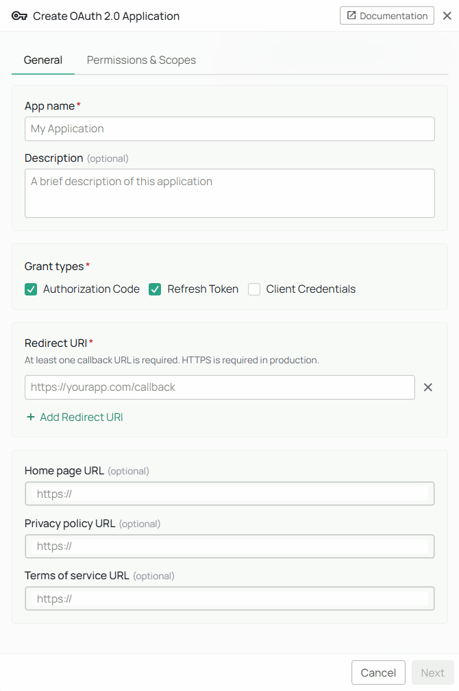 Create new OAuth 2.0 application form