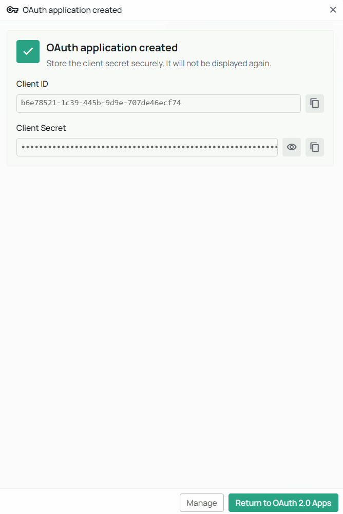 Newly created OAuth application credentials display