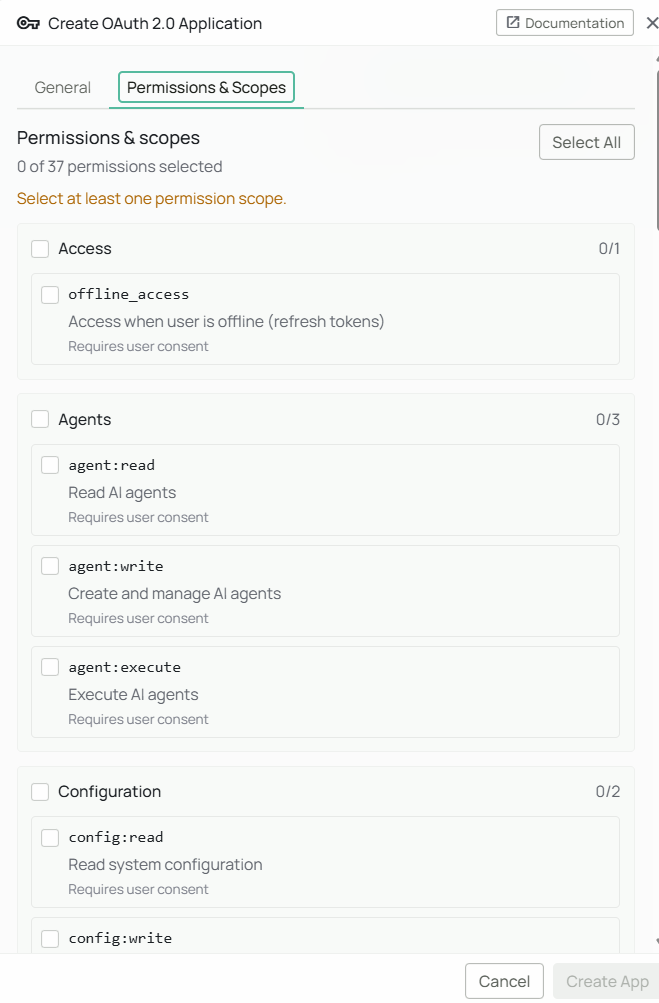 OAuth scope selector grouped by category
