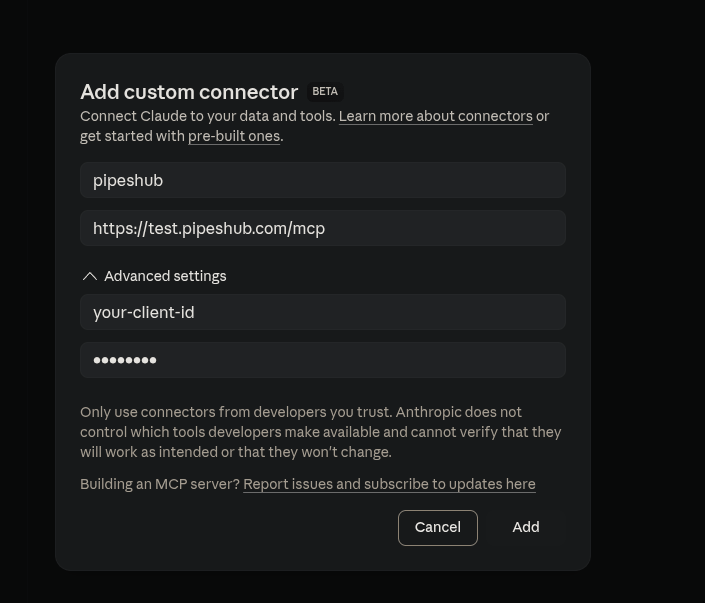 Claude.ai Add Custom Connector Dialog