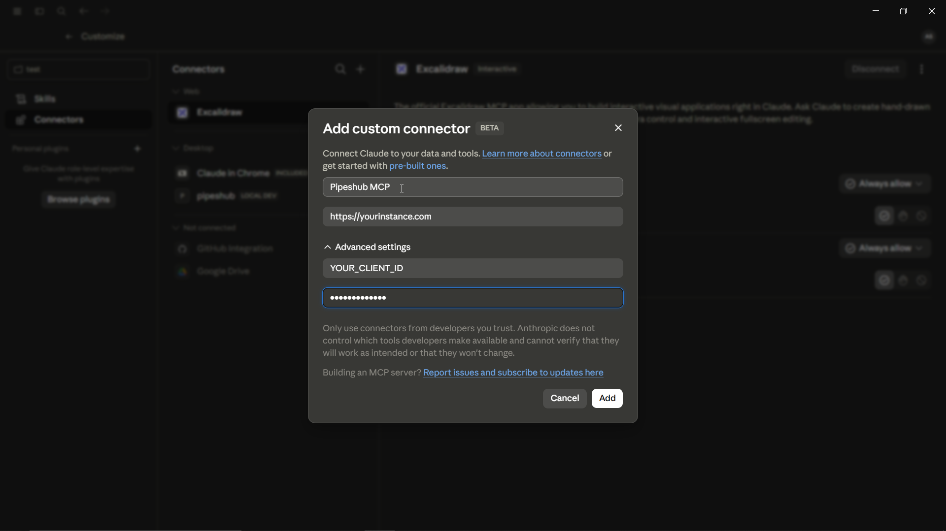 Claude Desktop add custom connector dialog