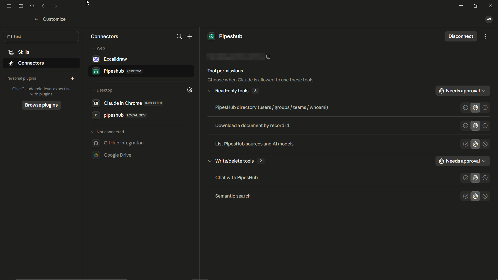 PipesHub connector active in Claude Desktop