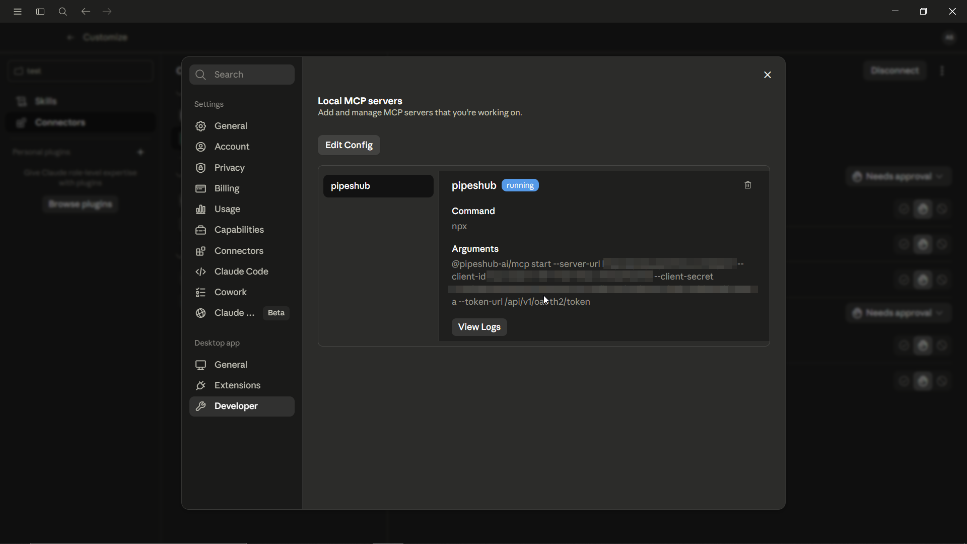 PipesHub MCP server showing under Local MCP servers
