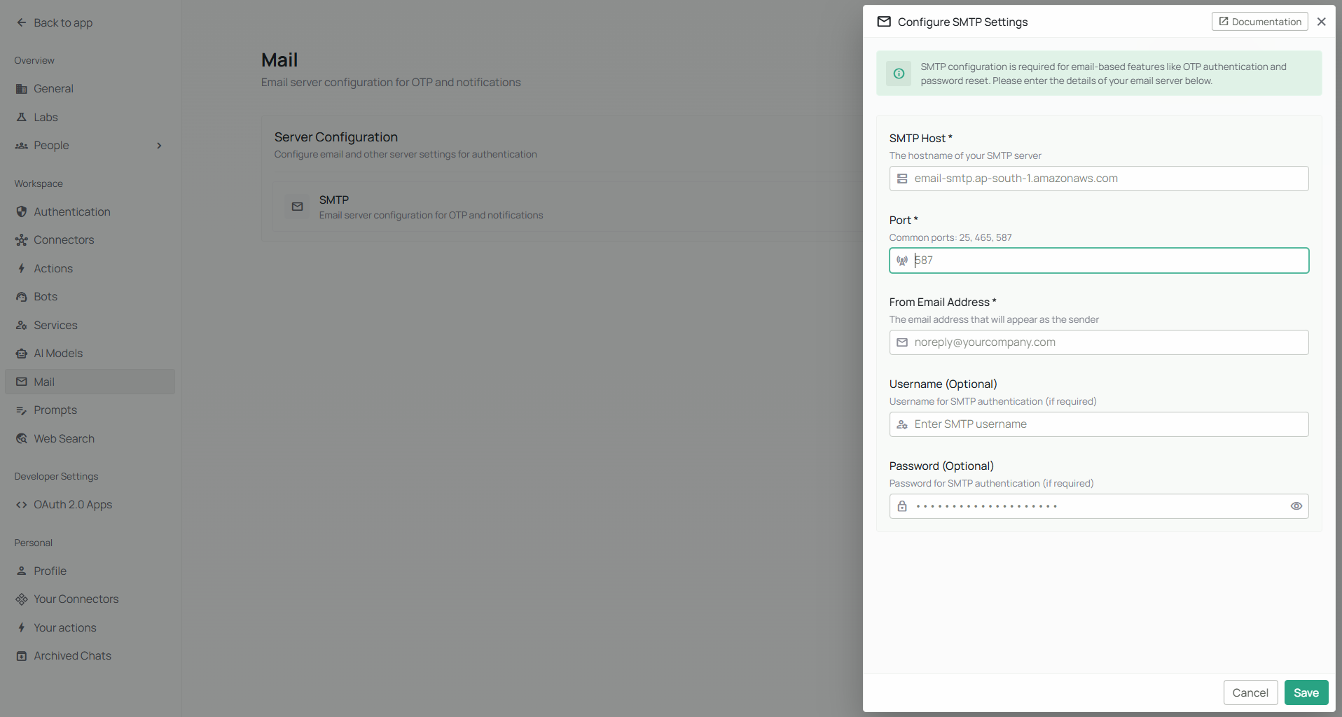 Smtp in Auth Settings page