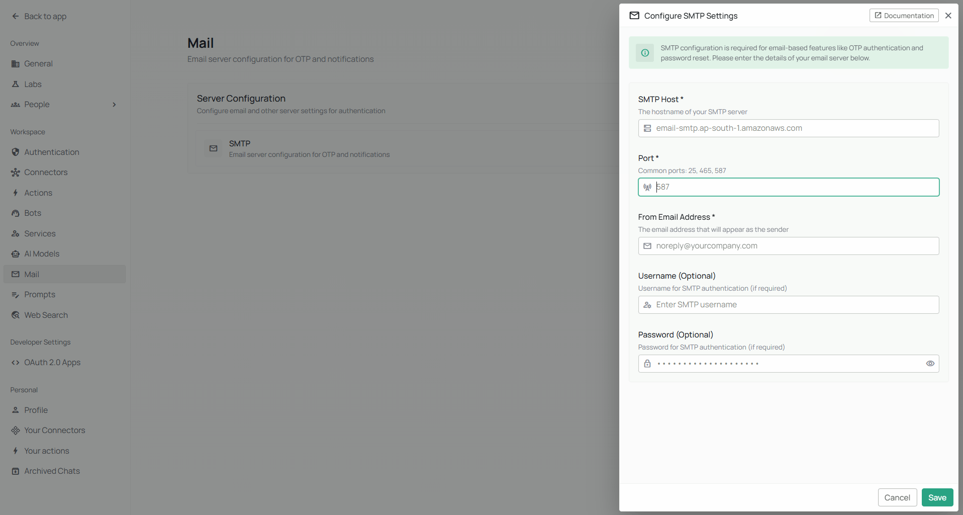 Smtp in Auth Settings page