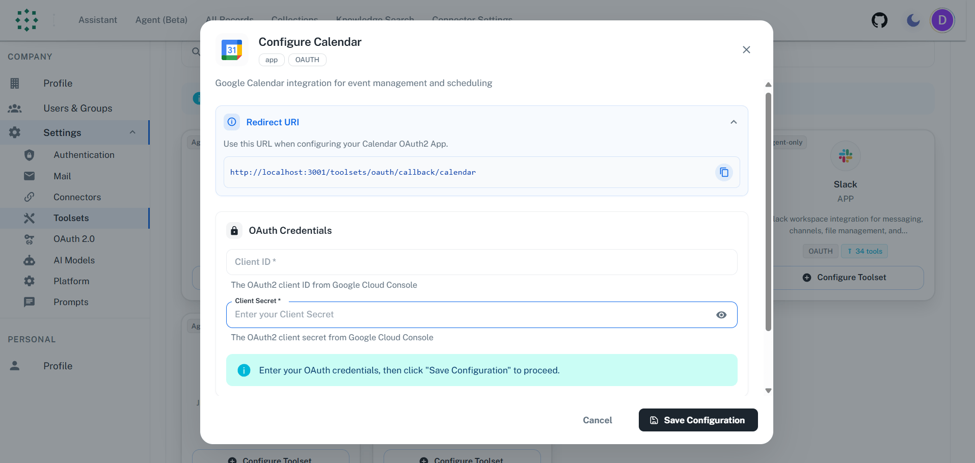 Copy Redirect URI from PipesHub