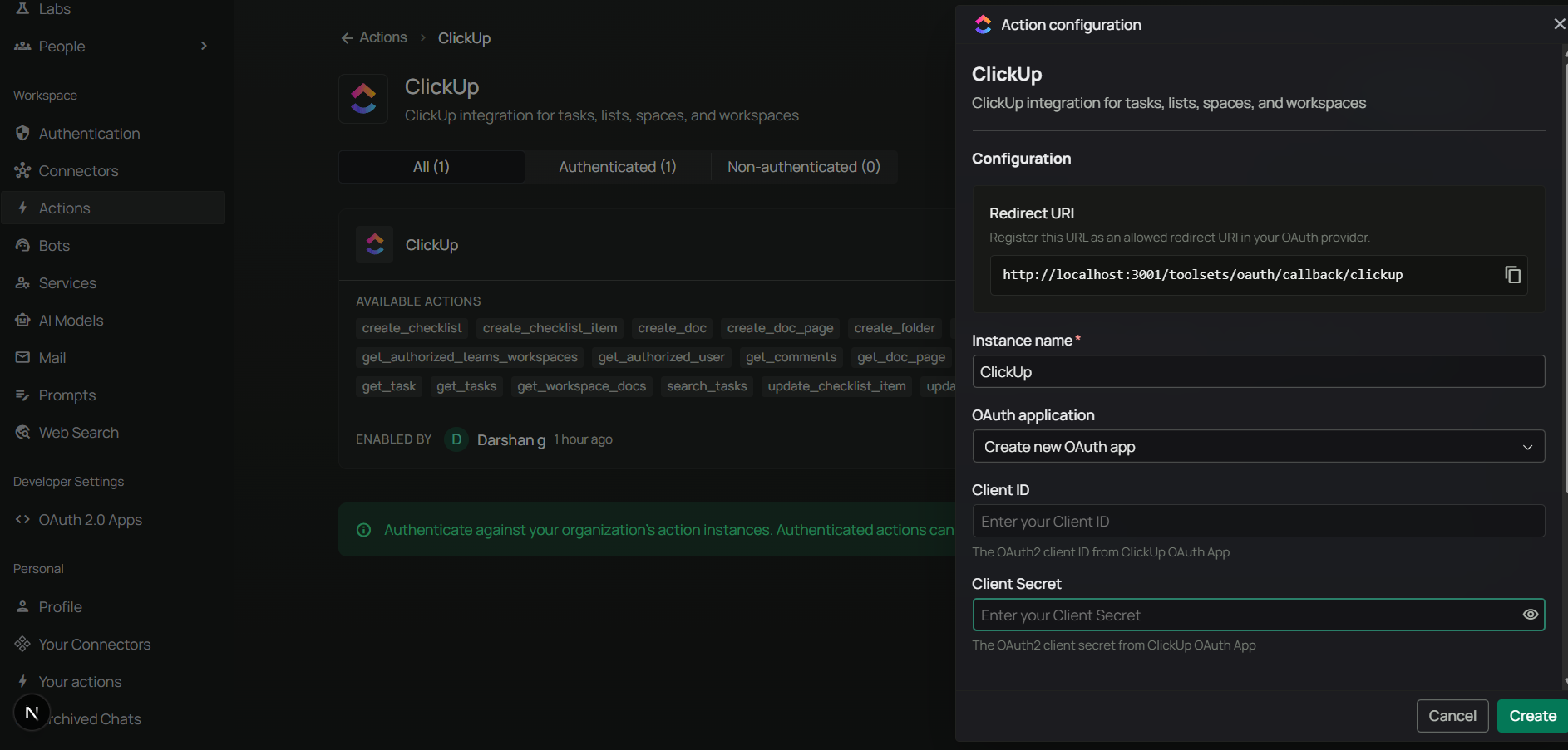 PipesHub Configure ClickUp dialog showing Redirect URI