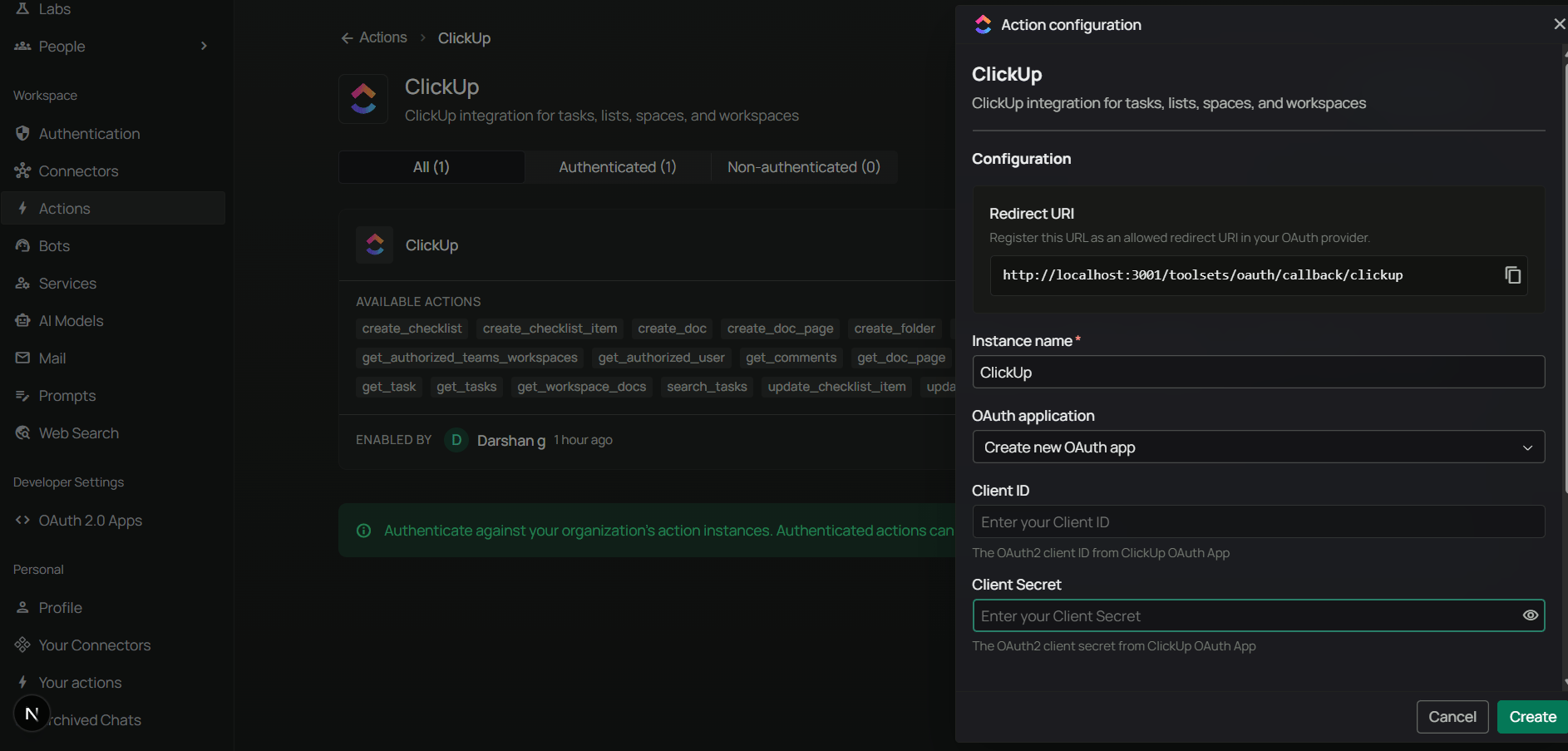 PipesHub Configure ClickUp dialog showing Redirect URI