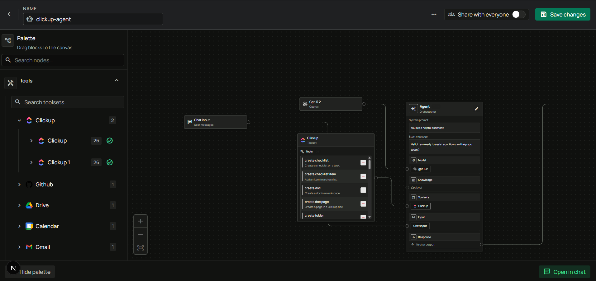 Agent builder with ClickUp toolset connected
