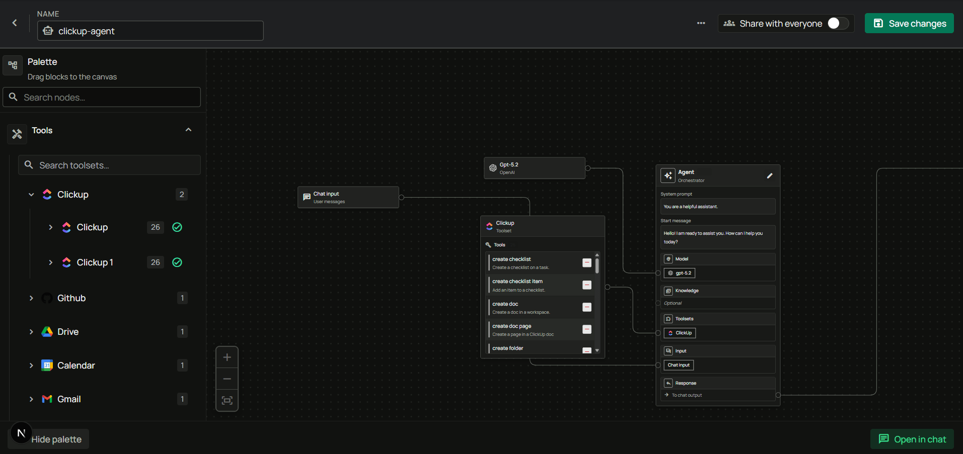 Agent builder with ClickUp toolset connected