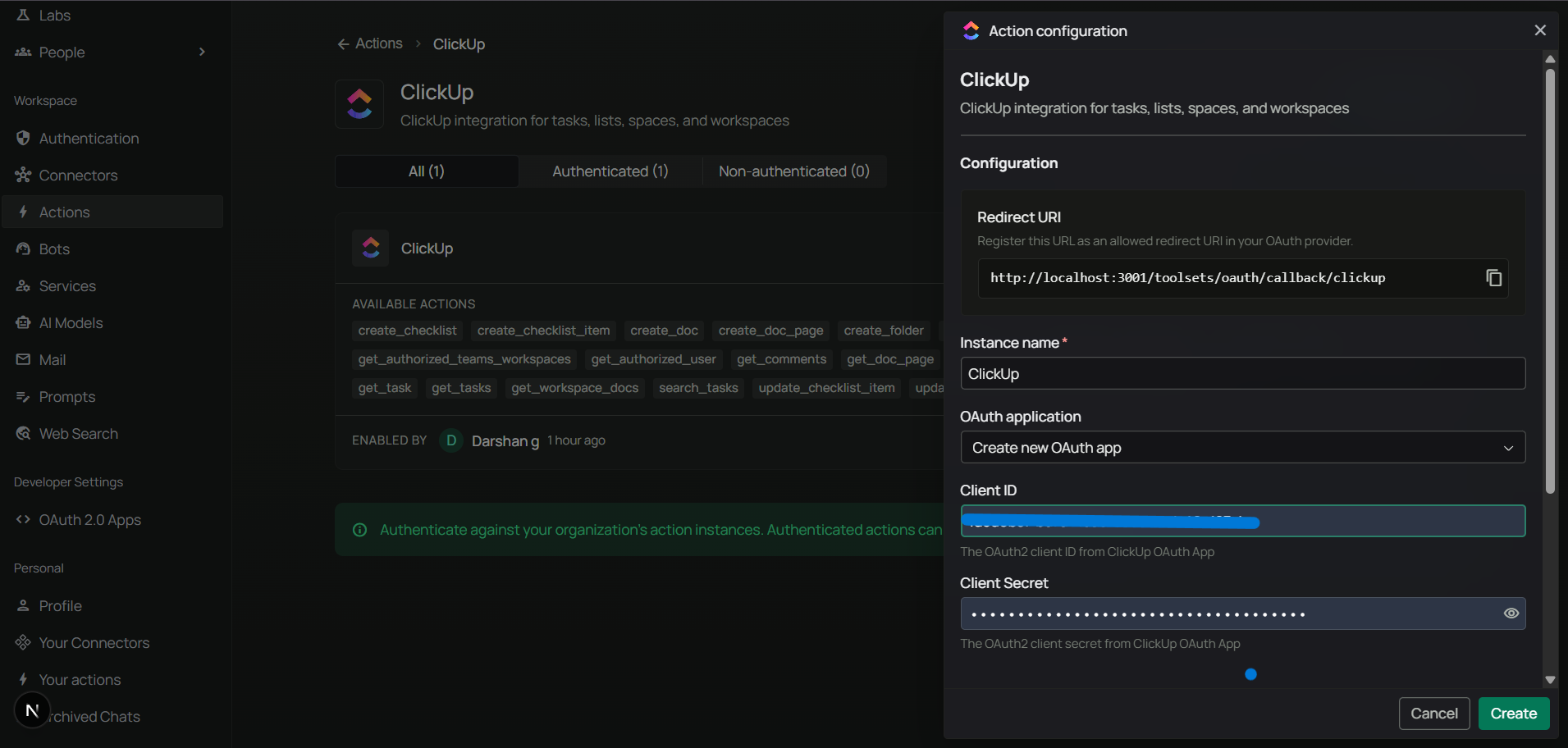 Enter ClickUp Client ID and Secret in PipesHub