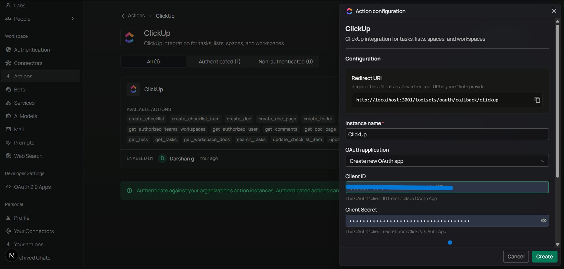 Enter ClickUp Client ID and Secret in PipesHub