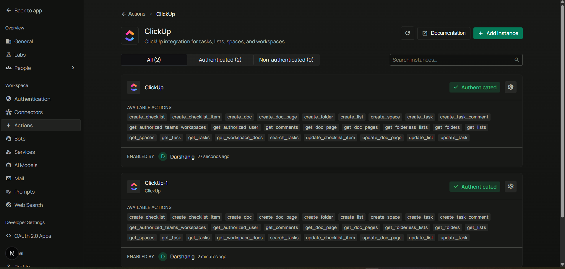 ClickUp authorization — select workspaces and connect